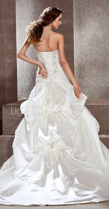 A-line Strapless Cathedral Train Embroidery Satin Wedding Dress