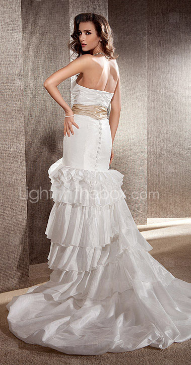 Trumpet/Mermaid Strapless with Sashes Chapel Train Taffeta Wedding Dress 