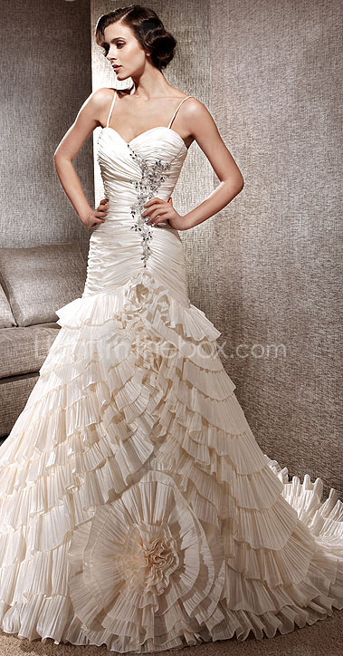Luxury Delicate Beaded Taffeta Chapel Train Wedding Dress