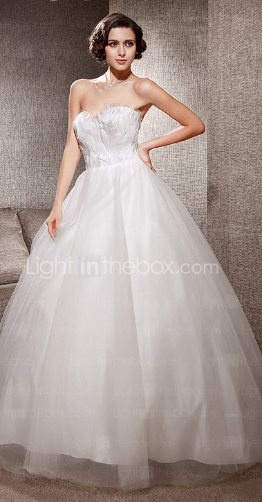 Fairy Feather Bodice Chapel Train Tulle Wedding Dress