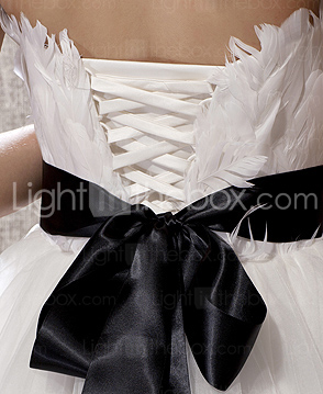 Fairy Feather Bodice Chapel Train Tulle Wedding Dress