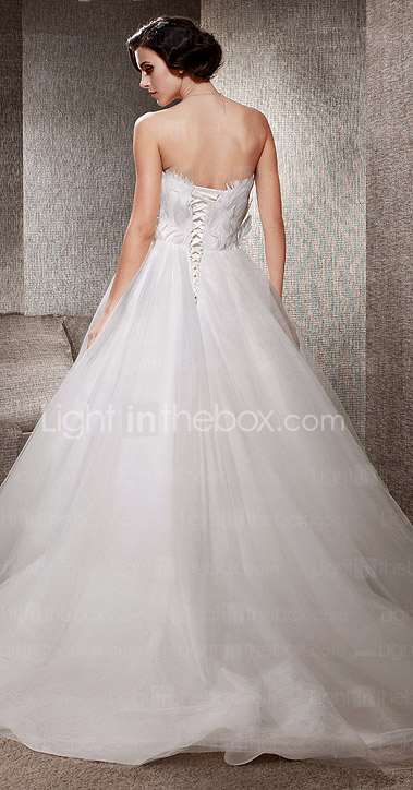 Fairy Feather Bodice Chapel Train Tulle Wedding Dress