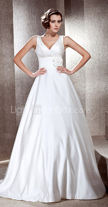 A-line V-neck Neckline Cathedral Train Satin Wedding Dress
