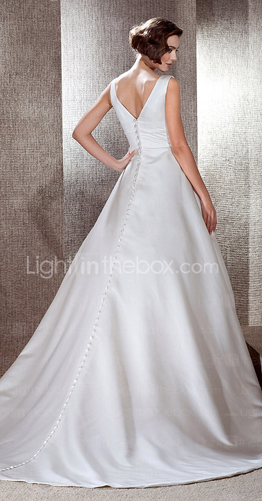 A-line V-neck Neckline Cathedral Train Satin Wedding Dress