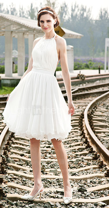 A-line Halter Knee-length Chiffon Wedding Dress 