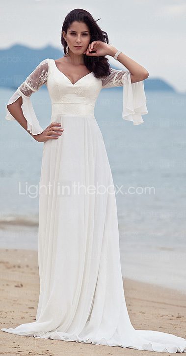 Sheath/ Column Sweep/ Brush Train Chiffon Lace Wedding Dress