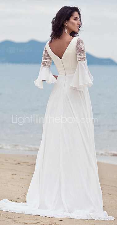 Sheath/ Column Sweep/ Brush Train Chiffon Lace Wedding Dress