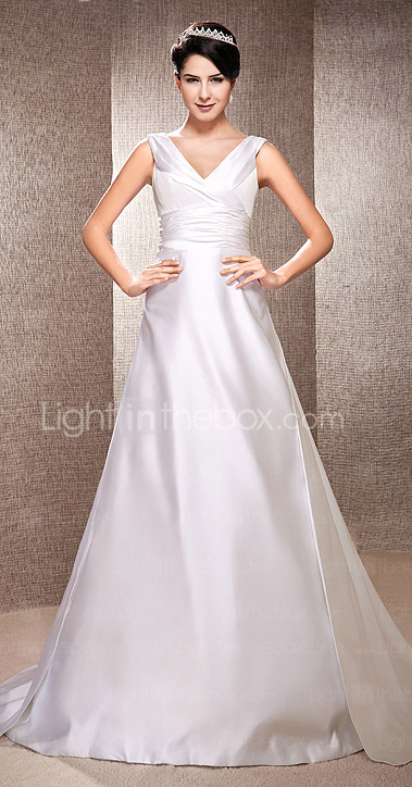 A-line V-neck Sweep/Brush Train Satin Wedding Dress 