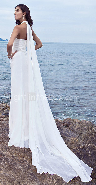 Sheath/Column Halter Watteau Train Chiffon Satin Wedding Dress 
