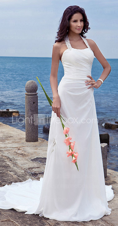 Sheath/ Column Halter Court Train Chiffon Wedding Dress