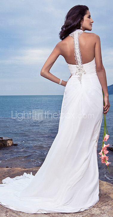 Sheath/ Column Halter Court Train Chiffon Wedding Dress