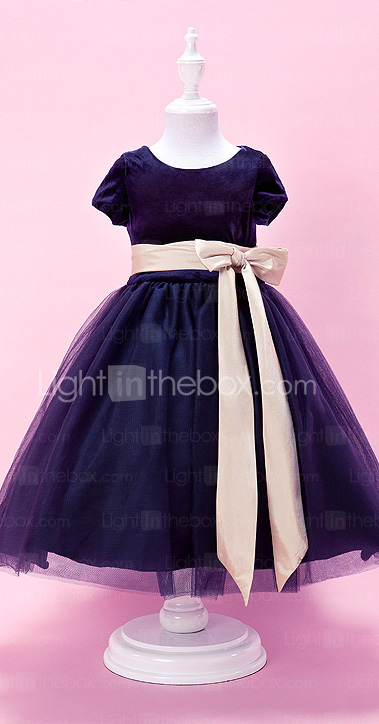 A-line Jewel Tea-length Velvet And Tulle Flower Girl Dress 