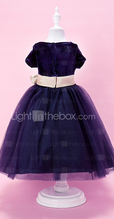 A-line Jewel Tea-length Velvet And Tulle Flower Girl Dress 