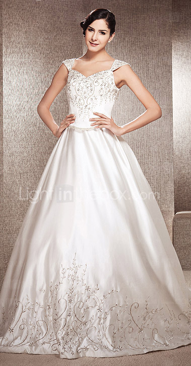 A-line V-neck Chapel Train Satin Wedding Gown