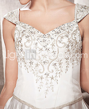 A-line V-neck Chapel Train Satin Wedding Gown