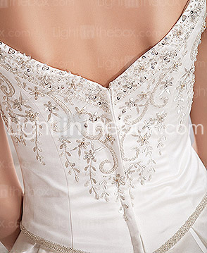 A-line V-neck Chapel Train Satin Wedding Gown