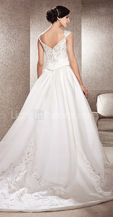 A-line V-neck Chapel Train Satin Wedding Gown