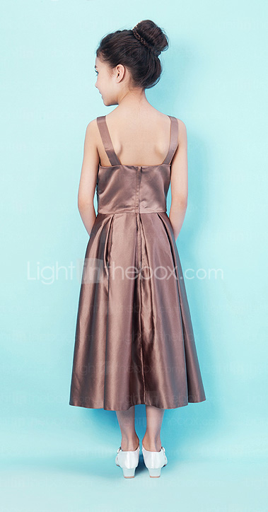 A-line Tea-length Satin Junior Bridesmaid Dress With Straps  