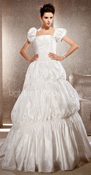 A-line Square Neck Sweep/Brush Train Taffeta Wedding Dress