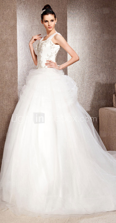  A-line With Straps Chapel Train Satin And Tulle Wedding Dress