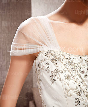  A-line With Straps Chapel Train Satin And Tulle Wedding Dress
