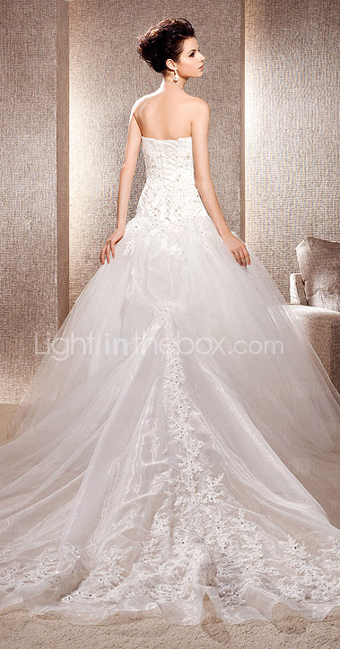 A-line Strapless Chapel Train Organza And Lace Wedding Dress
