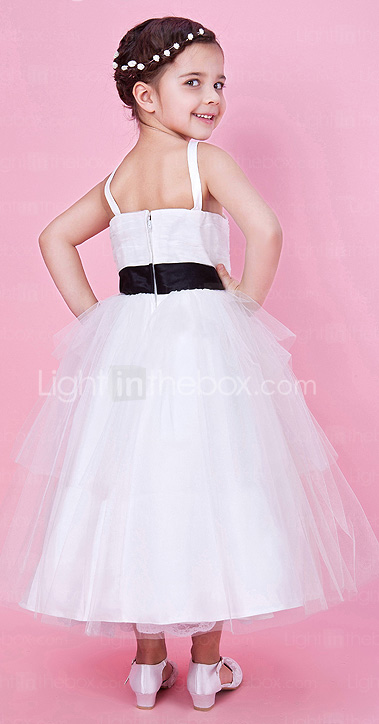 A-line Spaghetti Strap Tea-length Tulle And Satin Flower Girl Dress With Sash/Ribbon 