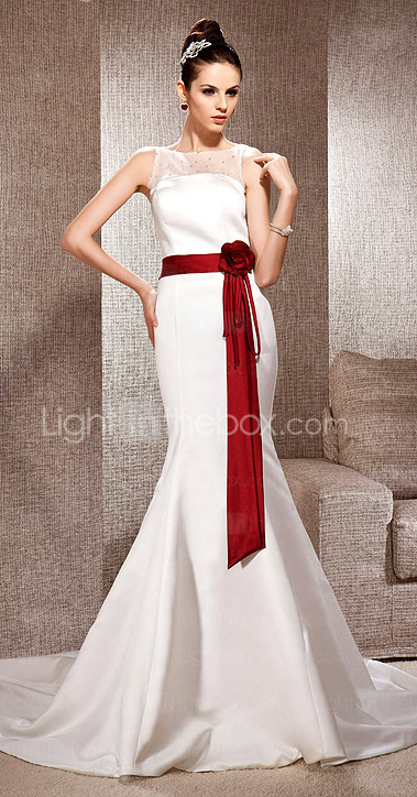 Trumpet/Mermaid Bateau Neck Court Train Satin Wedding Dress 