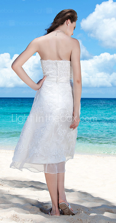 A-line Strapless Tea-length Wedding Dress with Beaded Appliques