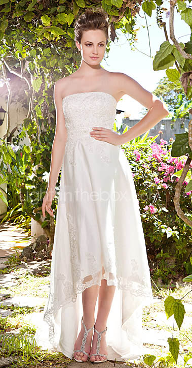 A-line Strapless Asymetrical Tulle Over Satin Wedding Dress