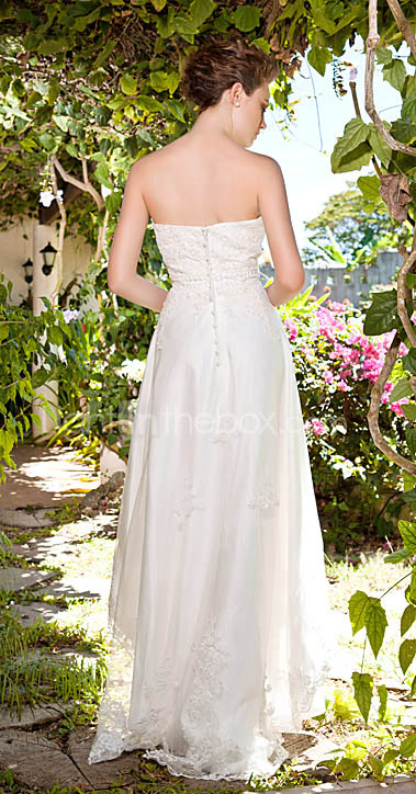 A-line Strapless Asymetrical Tulle Over Satin Wedding Dress