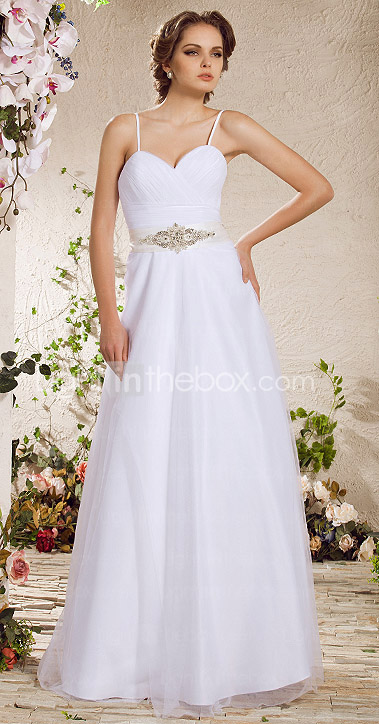 A-line Spaghetti Straps Floor-length Tulle Wedding Dress 