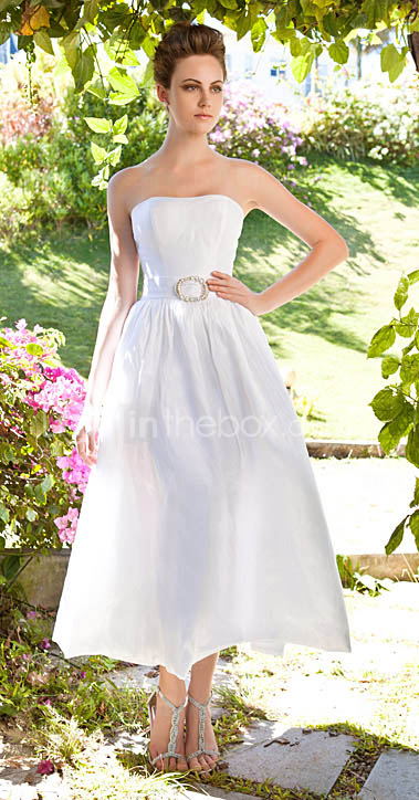 A-line Strapless Ankle-length Taffeta Wedding Dress