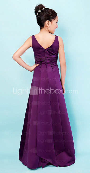 Fantastic A-line V-neck Floor-length Satin Junior Bridesmaid Dress
