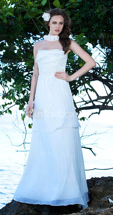 Sheath/Column Halter  Sweep/Brush Train Satin Chiffon Wedding Dress 