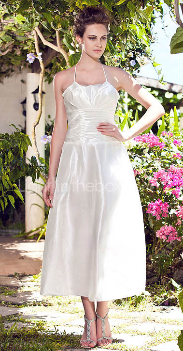 A-line Halter Tea-length Taffeta Wedding Dress