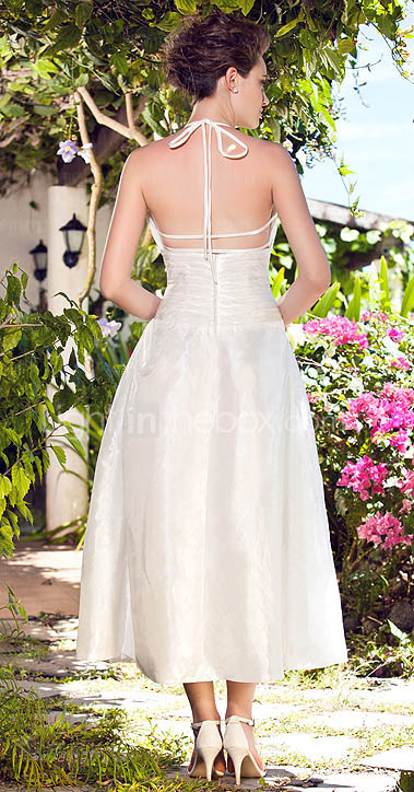 A-line Halter Tea-length Taffeta Wedding Dress