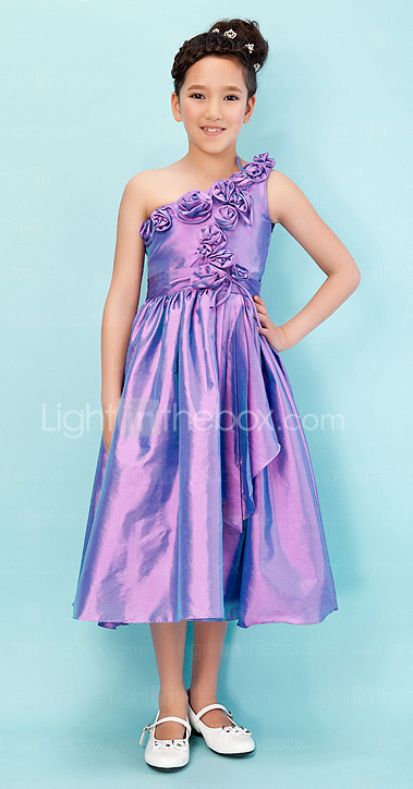 Princess One Shoulder Tea-length Taffeta Junior Bridesmaid Dress