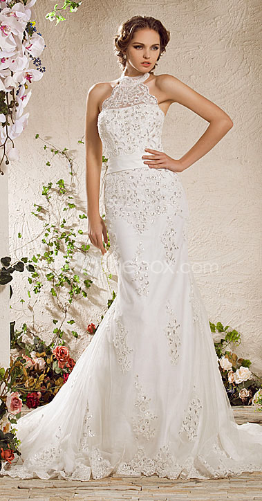 Trumpet/Mermaid High Neck Court Train Lace Tulle Wedding Dress 