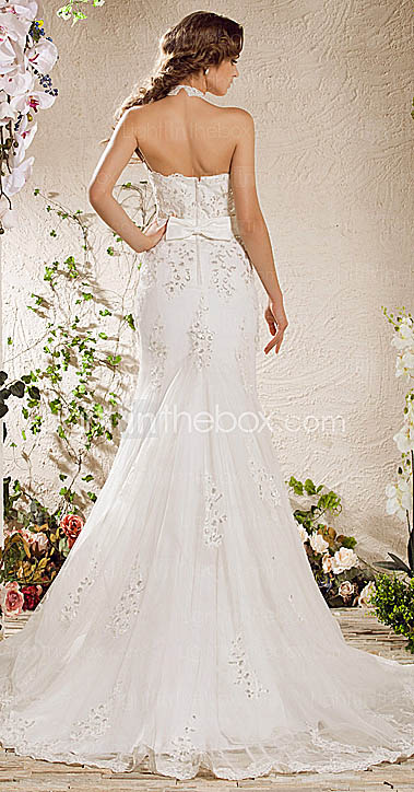 Trumpet/Mermaid High Neck Court Train Lace Tulle Wedding Dress 