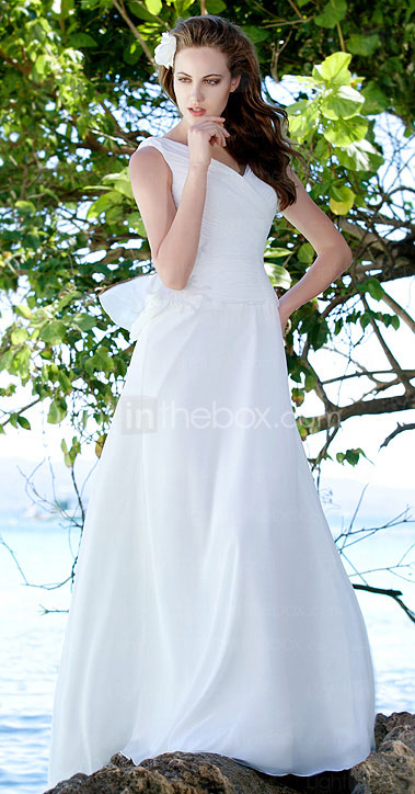 Sheath/Column V-neck  Sweep / Brush Train Satin  Chiffon Wedding Dress