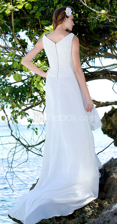 Sheath/Column V-neck  Sweep / Brush Train Satin  Chiffon Wedding Dress