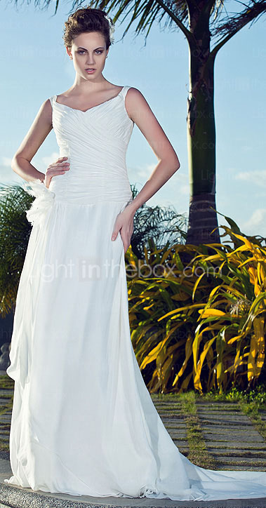 Sheath/Column Straps V-neck Court Train Chiffon Wedding Dress 