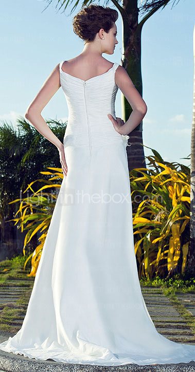 Sheath/Column Straps V-neck Court Train Chiffon Wedding Dress 