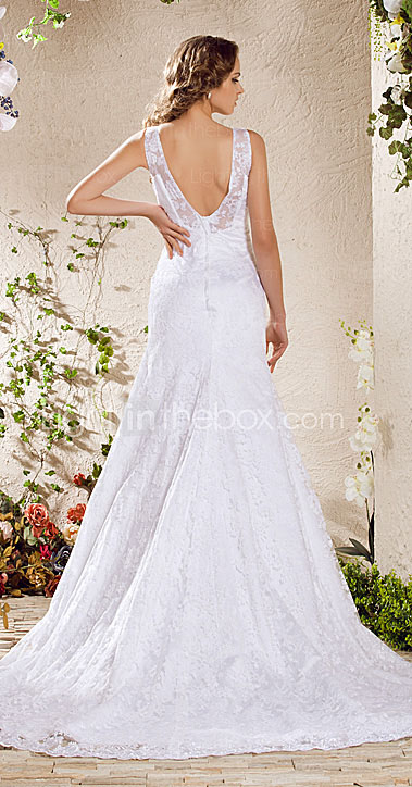 Charming A-line V-neck Chapel Train Lace Weeding Dress 