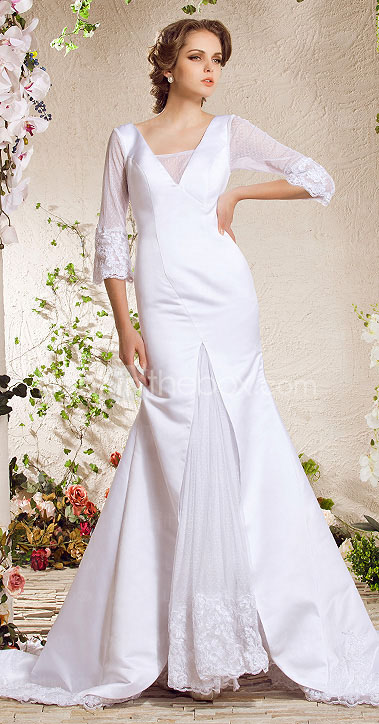Trumpet/Mermaid V-neck Chapel Train Satin Lace Weeding Dress 
