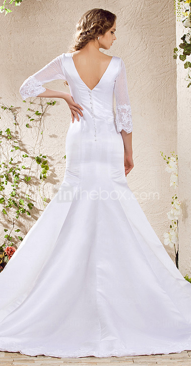 Trumpet/Mermaid V-neck Chapel Train Satin Lace Weeding Dress 