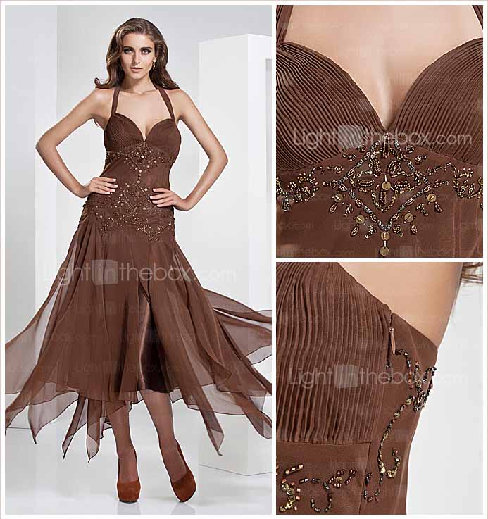 A-line Halter Tea-length Chiffon Evening Dress