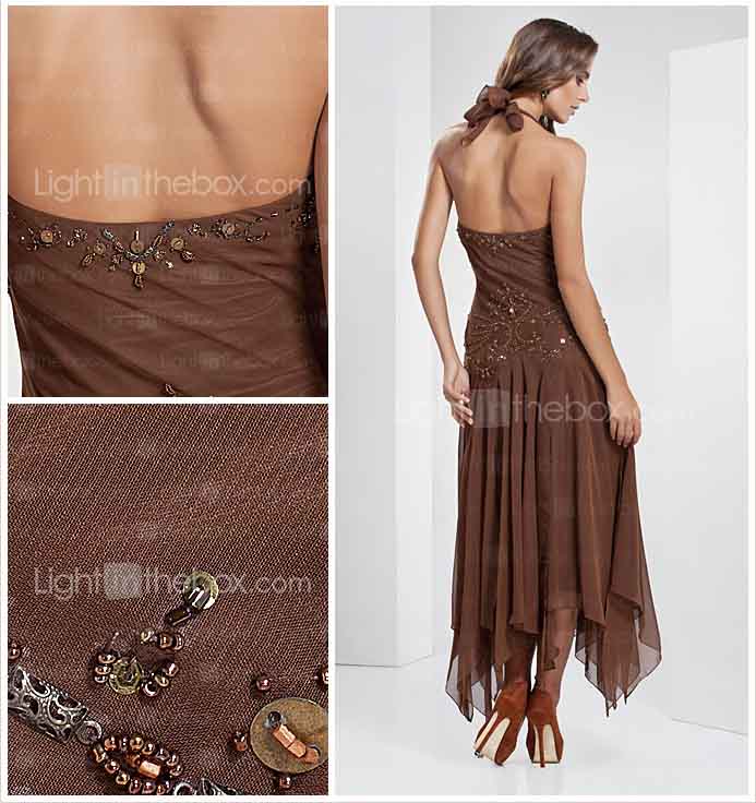 A-line Halter Tea-length Chiffon Evening Dress
