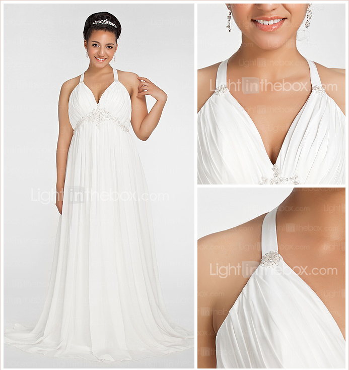gaine / colonne v-cou balayage / pinceau train robe de mariée en mousseline de soie plus la taille